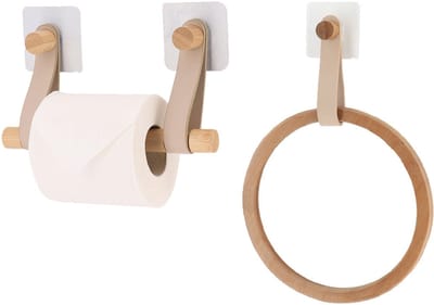 Tendance Badkamer set toiletrolhouder en handdoekhaak - zelfklevend - beige - bamboe/kunstleer - zonder boren