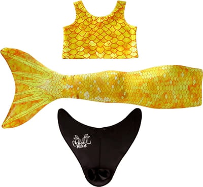 Mermaid Sisters Zeemeermin Staart Set voor Meisjes - Geel - Maat 122-134 - Monovin & Bikini Zeemeermin Zwemkleding