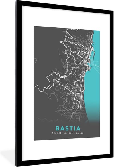 Fotolijst incl. Poster - Kaart - Bastia - Plattegrond - Plattegrond - Stadskaart - 60x90 cm - Posterlijst