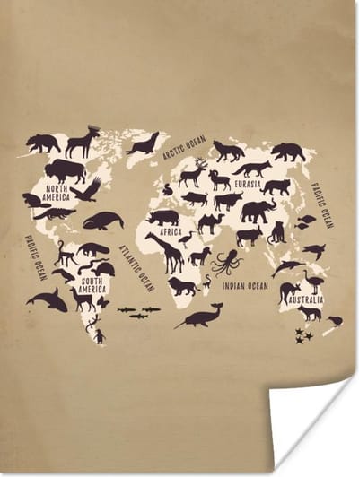 Wanddecoratie - Wereldkaart - Dieren - Retro - 90x120 cm - Poster