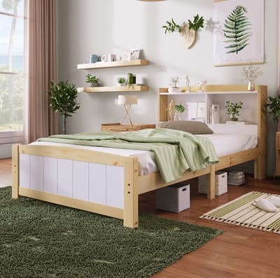 MEUNIQ eenpersoons bedframe 90x200 cm met opbergend hoofdbord, lattenbodem en bedrand, houten bed voor kinderkamer of slaapkamer, wit en naturel, zonder matras