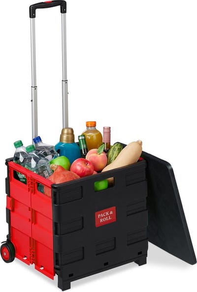 boodschappentrolley - inklapbaar - tot 35 kg - 50 l krat - telescopisch handvat - vouwkrat - 2 wielen - rood-zwart