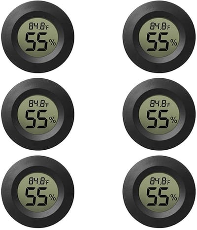 Set van 6 stuks - Digitale LCD-thermohygrometer - Rond ingebouwd - Geschikt voor binnen/kweekboxen/reptielenboxen/auto's/kassen - Temperatuur- en vochtigheidsmonitor speciaal ontworpen voor reptielenhuisdieren van acryl - Zwart