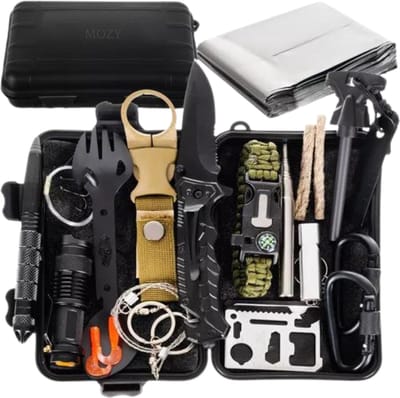 MOZY - Survival Kit - 32 Delig - in Waterdichte Koffer - Noodpakket - Vuurstarter - Survival Armband - Trekzaag - Survival Bestek - Nooddeken -Zaklamp - Vuursteen - Kompas - Overlevingspakket -