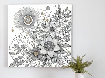 Line art bloemen schilderij | Bloeiende lijnen dansen als kunstige bloemen in levendige compositie | Kunst - 80x80 centimeter op Forex | Foto op Forex