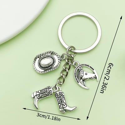 Porte-clés Style Cowboy Occidental, Porte-clés avec Pendentif Bottes Chapeau de Cowboy Fer à Cheval, Cadeau de Fête gray
