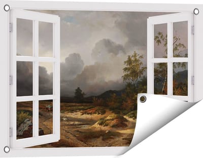 Gards Tuinposter Doorkijk Landschap bij Naderend Onweer - Willem Roelofs - 60x40 cm - Tuindoek - Tuindecoratie - Wanddecoratie buiten - Tuinschilderij
