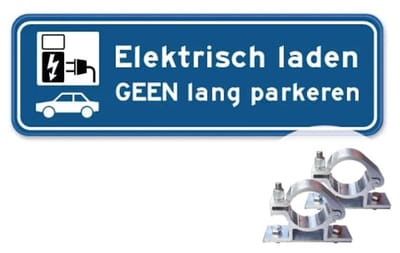 Parkeerbord Elektrisch laden - Geen lang parkeren - Weerbestendig Aluminium - 40x15 cm - Bevestiging: Met paalbeugels Ø48mm