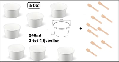 50x IJsbeker wit 240ml karton met 50x IJslepel hout - 3 a 4 bollen - IJs beker - Party schepijs softijs ijsje zomer festival thema feest