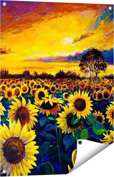 Gards Tuinposter Getekende Zonnebloemen Veld met Olieverf - 60x80 cm - Tuindoek - Tuindecoratie - Wanddecoratie buiten - Tuinschilderij