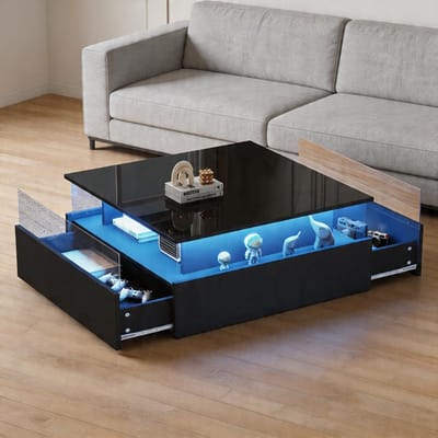KOMHTOM - Hoogglans LED-salontafel - Twee lades - Transparant presentatiegedeelte - Draagvermogen 30 kg - 70x70x41 cm