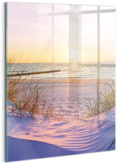 Wallfluent Glasschilderij - Poolse Zee - strand in de zon Glazen Schilderij - 60x80 cm - Roze Verticale Muurschildering - Landschap Foto Glas - Schilderij Op Glas - Glas Schilderij