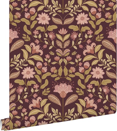 ESTAhome behang vintage bloemen donker paars en groen - 50 x 900 cm - 131894