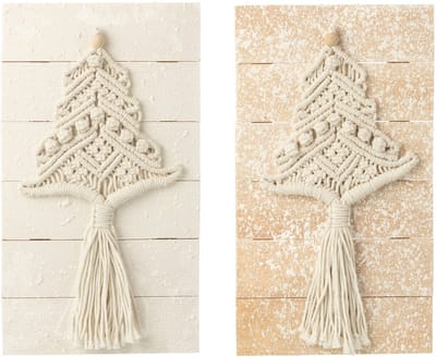 J-Line wanddecoratie Kerstboom - katoen - naturel/wit - 2 stuks