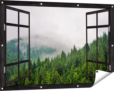 Gards Tuinposter Doorkijk Groen Bos met Bomen tijdens de Mist - 120x80 cm - Tuindoek - Tuindecoratie - Wanddecoratie buiten - Tuinschilderij