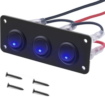 Tuimelschakelaarpaneel met 3 strips en blauwe LED - 12V/24V SPST-schakelaar voor auto, caravan, en boot