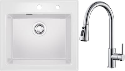 CECIPA Max Spoelbak Keuken - Keramische Spoelbakken Wit 55x50CM - Gootsteen Met Keukenkraan met Uittrekbare Uitloop - Keukenspoelbak - Opbouw Wasbak Keuken