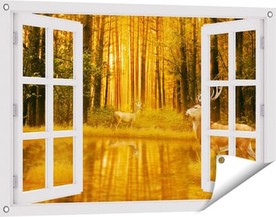 Gards Tuinposter Doorkijk Twee Herten in het Bos bij het Water - 90x60 cm - Tuindoek - Tuindecoratie - Wanddecoratie buiten - Tuinschilderij