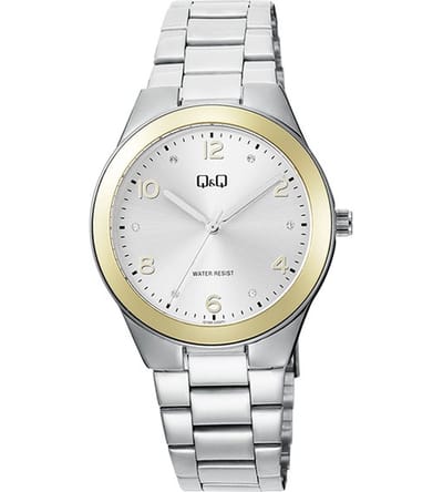 Q&Q Q78B-002PY - Horloge - Polshorloge - Analoog - Vrouwen - Dames - Stalen band - Rond - Metaal - Stippen - Cijfers - Zilverkleurig - Goudkleurig - Briljanten