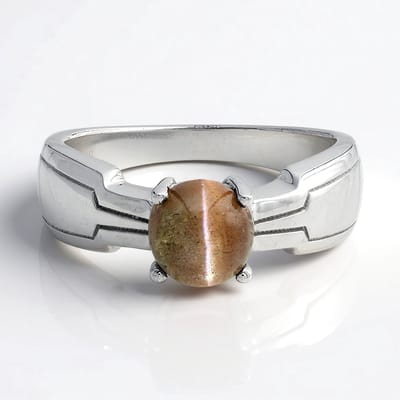 Cavill - Herenring Zilver 925 Sterling - Geplatineerd - Kattenoog Scapoliet 1,07 ct - Ronde Cabochon 7mm - Braziliaanse Edelsteen - Robuust & Modern