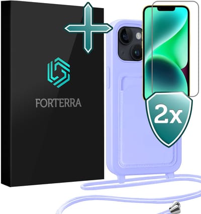 Hoesje Geschikt voor iPhone 13 Pashouder Case Siliconen Hoes Met Koord Met 2x Screenprotector - Hoes Geschikt voor iPhone 13 Met Telefoonkoord Hoesje Back Cover Met Pasjeshouder - Lila