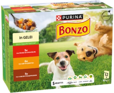 6x Purina Bonzo (Friskies) met rund, kip, lam in gelei maaltijdzakjes natvoer hond