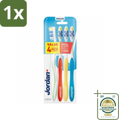 1 x Jordan Tandenborstel Total Clean Medium 4-pack 4 stuks per verpakking- Tandenborstel - Mondverzorging - Tandenborstel Set - Tandenborstel Medium - Tandenborstel Voor Gezin