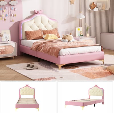 Eenpersoonsbed met LED-Verlichting - Zacht Bed Met Hoofdbord - 90x200 cm - Roze Striks - PU - Met Houten Bodem