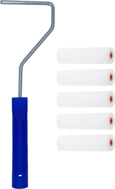 5x verfrollers / schuimrollers fijn inclusief rollerbeugel - 10 cm - geschikt voor diverse soorten verf - schilderbenodigdheden