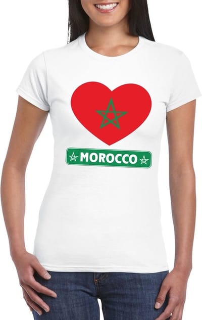 Marokko t-shirt - met hartjes vlag print - wit - voor dames - korte mouwen - landen supporters S