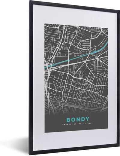 Fotolijst incl. Poster - Bondy - Frankrijk - Plattegrond - Kaart - Stadskaart. - 40x60 cm - Posterlijst