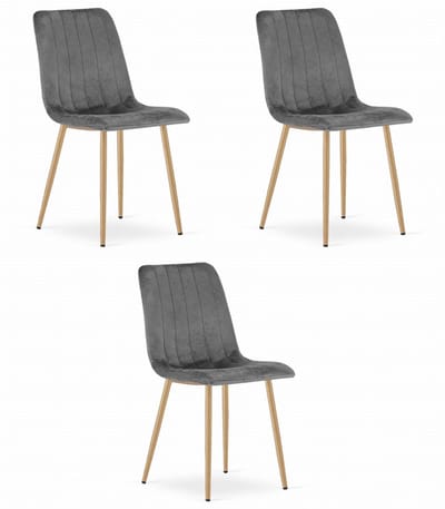 Set van 3 Eetkamerstoelen LAVA - Donkergrijs - Houtlook Metalen Poten - Velvet Bekleding - Industriële Stijl, Max. 110 kg, Ergonomisch Design, Comfortabele Zitting