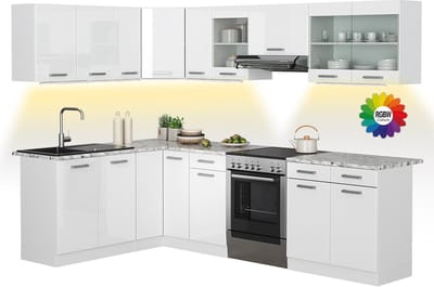 Vicco Hoekkeuken R-Line, Wit Hoogglans/Wit, 267 x 167 cm, WB Marmer met LED-strip