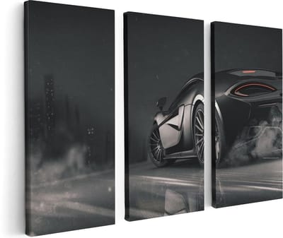 Artaza Canvas Schilderij Drieluik Zwarte Sportwagen Auto Nabij Een Stad - 120x80 cm - Wanddecoratie Woonkamer - Schilderijen - Muurdecoratie