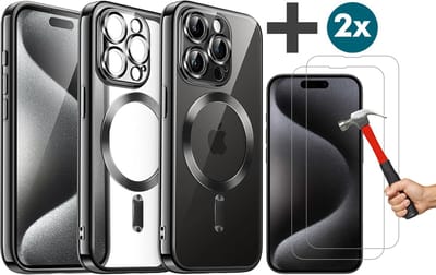 Hoesje met 2 Stuks Screenprotectors Geschikt voor iphone 15 Pro Hoesje - Geschikt voor MagSafe - Arara siliconen Backcover - Zwart