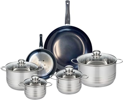 Set van 2 Koekenpannen 20 en 32 cm en 4 kookpotten 14, 16, 20 en 24 cm Elo Prima Brillant