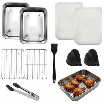 Dailygoods- Ovenschaal Set 6-delig - Roestvrij Staal 304 - Ovenschalen 20 x 15 x 5 cm - Grillroosters - Vaatwasmachinebestendig - Inclusief Tang en Handschoenen - Airfryeraccessoires