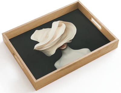 Dienblad hout 40x30 cm - Schootdienblad - Vrouw - Beige - hoed - Borrelplank rechthoek - Plateau dienbladen