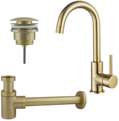 FugaFlow Eccelente Sobrado Badkamer Wastafelkraanset - hoge wastafelkraan - draaibare uitloop - klikwaste plug - verlaagde design sifon - PVD Geborsteld Messing