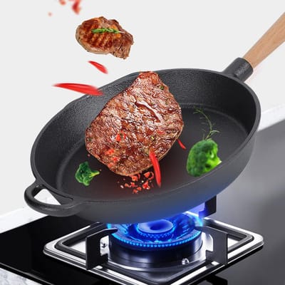 Huishoudelijke Keukengerei Gietijzeren Koekenpan Koekenpan Bakpan voor Steak met Houten HandvatKoekenpan met Houten