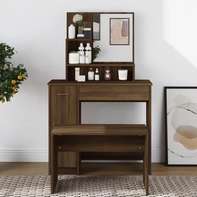Kaptafel met spiegel - Make-up tafel - Cosmetica opbergen - Ruime opbergruimte - 865x35x136 cm - Bruin eiken