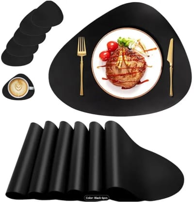 Set van 6 zwarte placemats en onderzetters, driehoekige/ovale placemats, woon- en hotelcadeaus, keukenaccessoires
