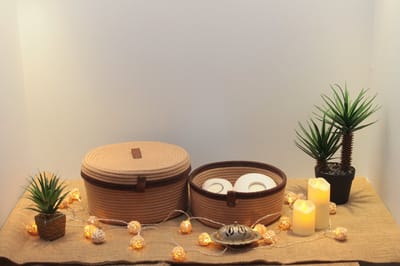 OZ Home - 2-delige Mandenset met Deksel - Beige/Bruin - Duurzaam & Functioneel - Voor Compacte Opslag en Decoratie