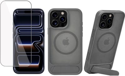 Hoesje met Kickstand + Screenprotector geschikt voor iPhone 17 Pro – Geschikt voor MagSafe - Met Standaard - Draadloos Opladen – Grijs