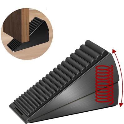 Stevige deurstopper -Door Stopper Wedge -wigvormige hoge deurstopper -met verstelbare veer voor -Deurstopper met veermechanisme - Zware deurstopperwig - 7,6 cm hoog - RVS - Geschikt voor de onderkant van elke zware deur - Zwart