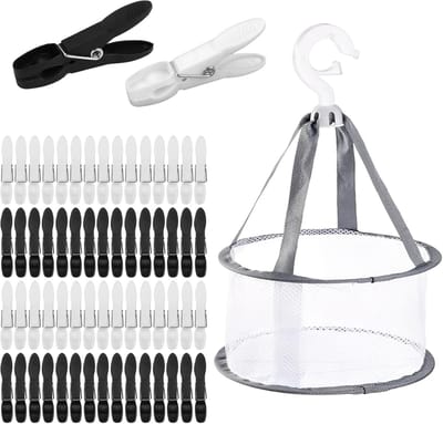 Wasknijpers met Mandje, voor Huis en Tuin Waslijn Wasrek | Windbestendige Kunststof Wasknijpers, met Stabiele Buitenringveer, voor Sokken, Handdoeken, Kleding (Zwart Wit)
