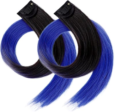 2 x Clip-in Hairextension STIJL 60cm - OMBRE ZWART naar BLAUW - #O70 - nephaar - Hair extension | haar extensie - kleurverloop extensions - gekleurde clip-in extensions - blauw nep haar