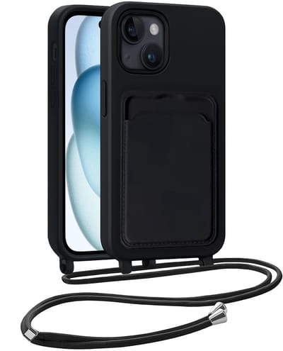 Hoesje Geschikt voor iPhone 15 Plus Hoesje Met Telefoonkoord en Pasjeshouder Siliconen - Hoes Geschikt voor iPhone 15 Plus Hoesje Met Kaarthouder Case - Zwart