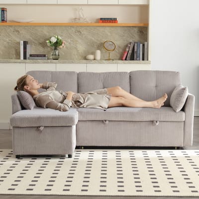 Bank - Slaapbank met Slaapfunctie - Opbergruimte & Bed - Corduroy Lichtgrijs