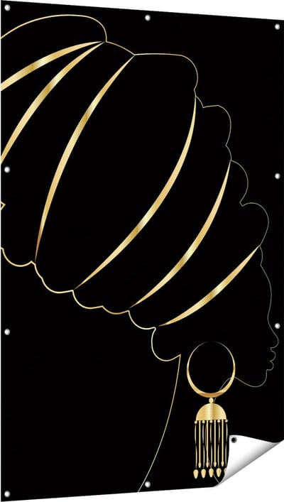 Gards Tuinposter Afrikaanse Vrouw met Gouden Zwarte Tulband - 100x150 cm - Tuindoek - Tuindecoratie - Wanddecoratie buiten - Tuinschilderij